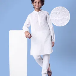 Pine Kids Cotton Woven Full Sleeves Kurta Pyjama Set with Floral Chikankari Work - White-picture-20