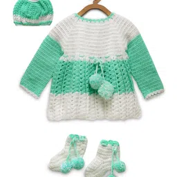 MayRa Knits Knitted Full Sleeves Colour Blocked Crotcheted Sweater Dress With Coordinating Cap & Socks Set - Green-picture-17