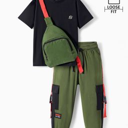OLLINGTON ST. 100% Cotton Knit Half Sleeves T-Shirt & Cargo Joggers with Sling Bag - Black & Olive-image-100