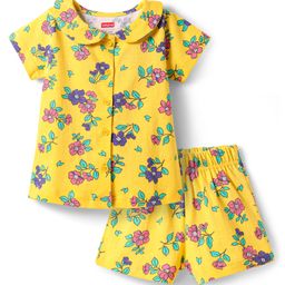 Babyhug Cotton Knit Half Sleeves Peter Pan Collared Co-ords Shorts Night Suit with Floral Print - Yellow-image-61