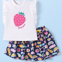 Babyhug Single Jersey Knit Frill Sleeves Top & Skirt Set with Strawberry Print & Embroidery Bow Applique - Navy Blue & White-image-79