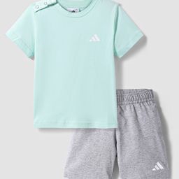 Adidas Kids Cotton Knit Half Sleeves T-Shirt & Shorts With Brand Logo Print - Turquoise & Grey-image-7