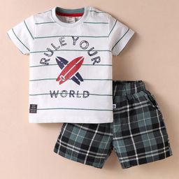 Mini Donuts Cotton Knit Half Sleeves T-Shirt & Shorts Set With Rule Your World Text Print - White & Black-image-68
