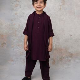 LITTLE COLLARS Blended Full Sleeves Threadwork Embroidered Kurta Patiala With Stole Set - Wine-image-56