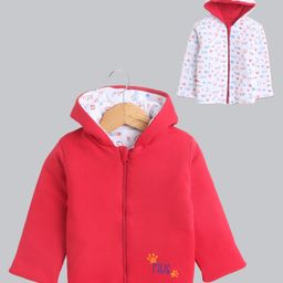 BUMZEE Cotton Knit Full Sleeves Printed & Embroidered Hooded Reversible Jacket - Red & White-image-16