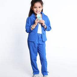 Ministitch Cotton Woven Three Fourth Sleeves Solid Blazer With Camisole & Coordinating Pant Set - Royal Blue-image-30