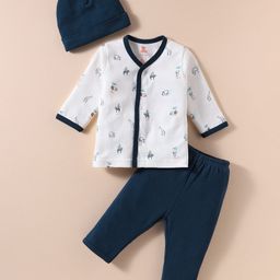 I Bears Interlock Knit Full Sleeves Front Open Night Suit With Animal Print & Cap - Navy Blue & White-image-8