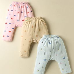 Simply Interlock Knit Full Length Diaper Leggings with Ship Car & Animal Print Pack of 3 - Pink Light Blue & Beige-picture-24