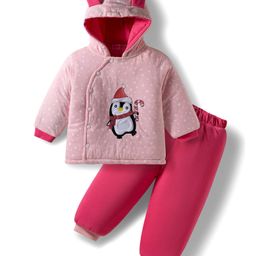 Babyhug Cotton Knit Full Sleeves Hooded Winter Wear Top & Lounge Pant Set With Penguin Embroidery Patch & Star Print - Pink-picture-11