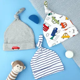 Kicks & Crawl Cotton Pack Of 3 Vehicles Printed & Striped Caps - Multicolor-picture-34