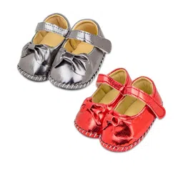 Neska Moda 6 To 12 Months Baby Girls Belly Shoe 2 Pair Set Partywear Floral Velcro Sandal Booties-image-22