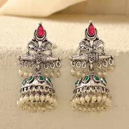 DASTOOR Silver-Plated Artificial Stones Studded and Beads Beaded Dome Shaped Jhumkas-57