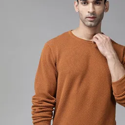 Roadster Men Rust Orange Self-Design Pullover-image-74