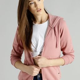Roadster Women Coral Pink Solid Hooded Sweatshirt-15