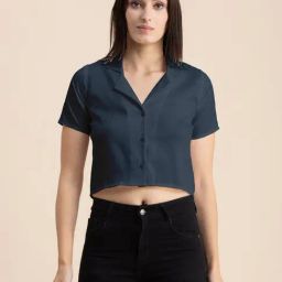 Moomaya Teal Regular Fit Cropped Shirt-image-13