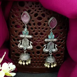 Efulgenz Rhodium-Plated Dome Shaped Crystals Oxidised Jhumkas-40