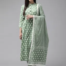 Cayman Women Printed Mirror Work Pure Cotton Kurta with Trousers & With Dupatta-22