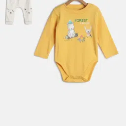 MINIKLUB Kids Yellow & Beige Printed Full Sleeves Bodysuit with Pants-picture-12
