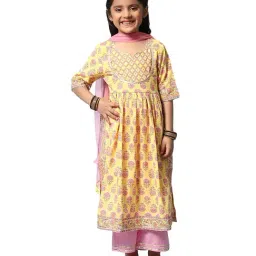 BIBA Girls Yellow & Pink Printed Kurta Set-image-79