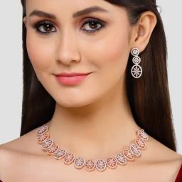 Karatcart Rose Gold Plated Pink Floral CZ Stone Studded Jewellery Set-image-28
