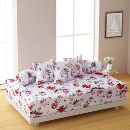 SWAYAM Set Of 6 White & Pink Printed 200 TC Bedsheet With Bolster & Cushion Covers-12