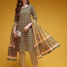 HERE&NOW Women Floral Printed Pure Cotton Kurta with Trousers & Dupatta-53