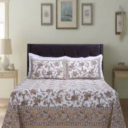 SHAHENAZ White & Beige Floral Cotton 120 TC Queen Bedsheet with 2 Pillow Covers-13
