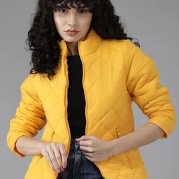 Roadster Women Mustard Yellow Solid Quilted Jacket-image-74