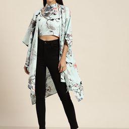 Qurvii Women Floral Printed Kimono Sleeve Longline Shrug-55