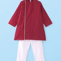 Babyhug 100% Cotton Woven Full Sleeves Dobby Kurta Pyjama Set - Red-image-62