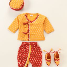 Babyhug Woven Full Sleeves Kurta & Dhoti Set with Cap & Booties Bandhani Print - Red & Yellow-image-18
