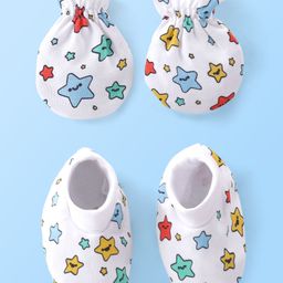 Babyhug 100% Cotton Knit Mittens & Booties Set Star Print Pack of 2 - White-image-19