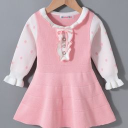 Kookie Kids Full Sleeves Winter Frock Polka Dots Print  with Frill Detailing - Pink-image-38