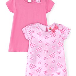 Babyhug Single Jersey Knit Half Sleeves Solid & Heart Printed Frocks with Bow Applique Pack of 2 - Pink-image-24