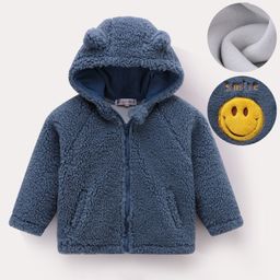Kookie Kids Full Raglan Sleeves Hooded Fur Winter Jacket with Smiley Embroidery & 3DApplique - Navy Blue-image-51
