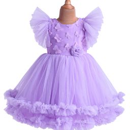 Bluebell Net Frill Sleeves 3D Butterfly & Corsage Detailing Glittery Flared Party Frock - Pruple-image-49