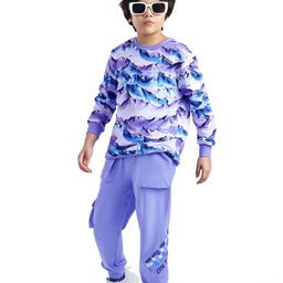 Ollington St. 100% Cotton Knit Full Sleeves Snow Capped Mountains Printed Sweatshirt & Joggers Winter Wear Set - Blue & Light Grey-image-2