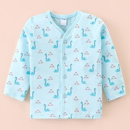 Tango Interlock Cotton Knit Full Sleeves Front Open Jhabla with Dino Print - Aqua Blue-picture-0