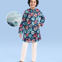 Pine Kids Woven Full Sleeves Kurta Pyjama Set Floral Print - Teal Blue-24