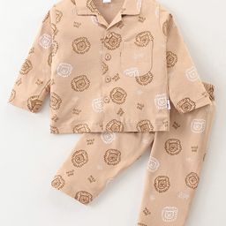 Teddy Sinker Knit Full Sleeves Front Open Night Suit With Animals Print - Light Brown-image-75
