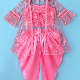 Babyhug Woven Bell Sleeves Net Embroidered Kaftan Jacket with Top & Dhoti Set - Dark Pink-image-66