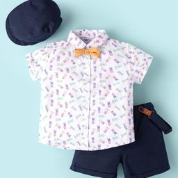 ToffyHouse Cotton Woven Half Sleeves Flags Printed Shirt & Shorts With Bow Suspender & Hat - White & Navy Blue-picture-5