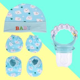 The Cheeky Kidzz Baby Soother Fruit Vegetable Food Feeder Rattle Nibbler Teething Teether with Essential Miten Cap Combo - BLUE-2