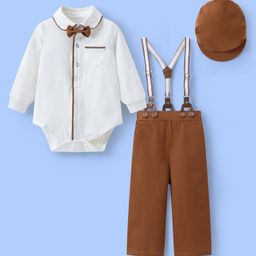 Mark & Mia Cotton Full Sleeves Onesie & Trouser Set with Suspender & Hat & Bow Applique - White & Brown-image-104