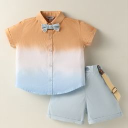 ToffyHouse Poplin Woven Half Sleeves Shirt & Shorts Set with Bow & Suspender with Ombre Effect Print- Tan & Light Blue-picture-14