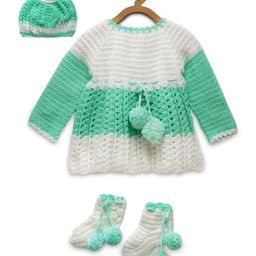 MayRa Knits Knitted Full Sleeves Colour Blocked Crotcheted Sweater Dress With Coordinating Cap & Socks Set - Green-picture-14