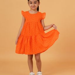Creative Kids Frill Sleeves Abstract Printed Dress - Orange-image-17