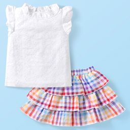 Babyhug Cotton Woven Half Sleeves Schiffli Top & Checkered Frill Skirt Set -White & Red Yellow Blue-image-75