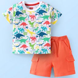 Babyhug Single Jersey Knit Half Sleeves T-Shirt & Shorts Set with Dino Print - White & Orange-image-113
