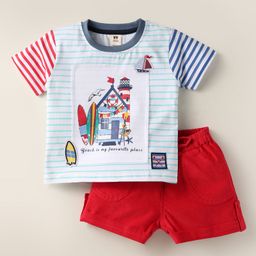 ToffyHouse Knitted Half Sleeves Striped T-Shirt & Shorts Set with Beach Theme Print & Patch - Red-image-81
